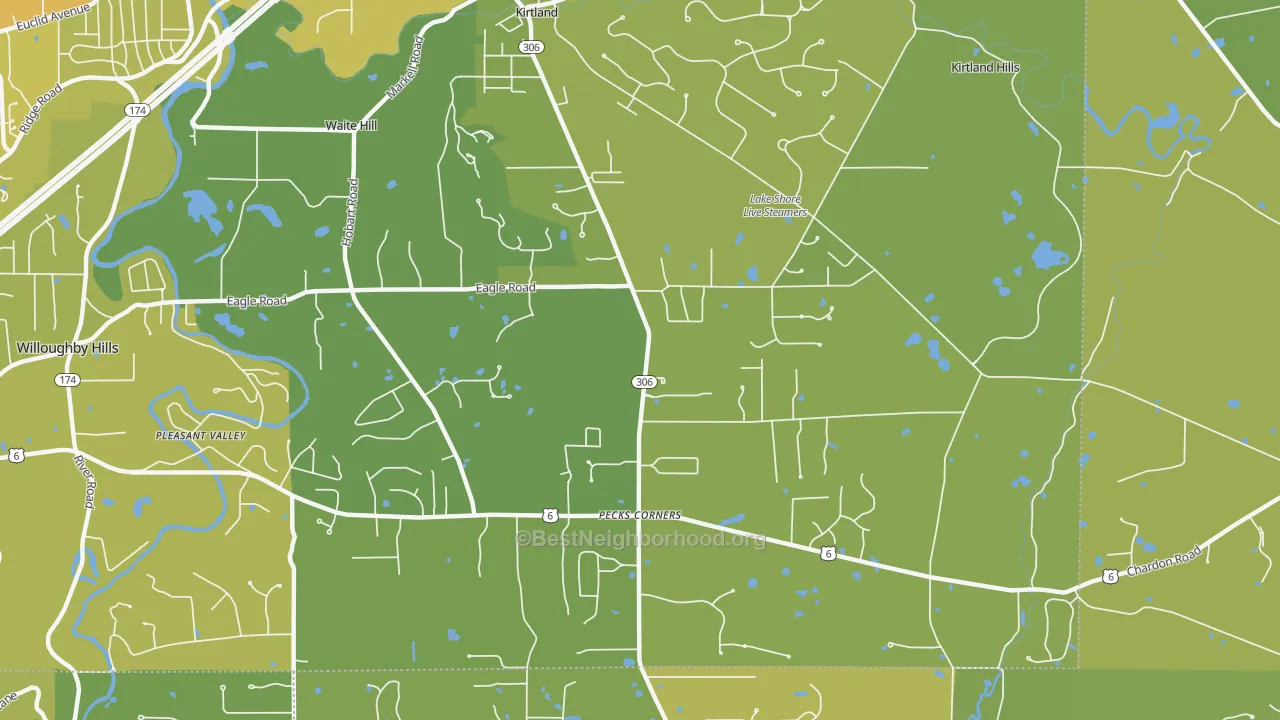 Map of the best neighborhoods in the Kirtland area, with better matches in green and worse matches in red