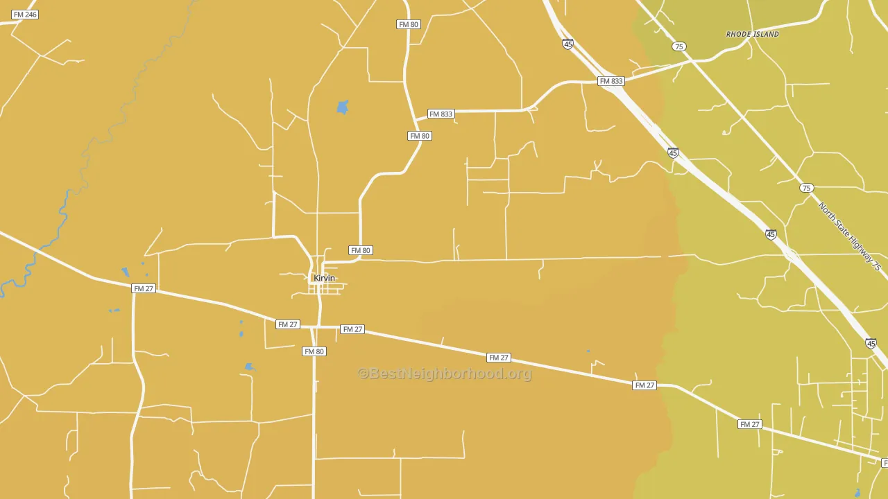 Map of the best neighborhoods in the Kirvin area, with better matches in green and worse matches in red