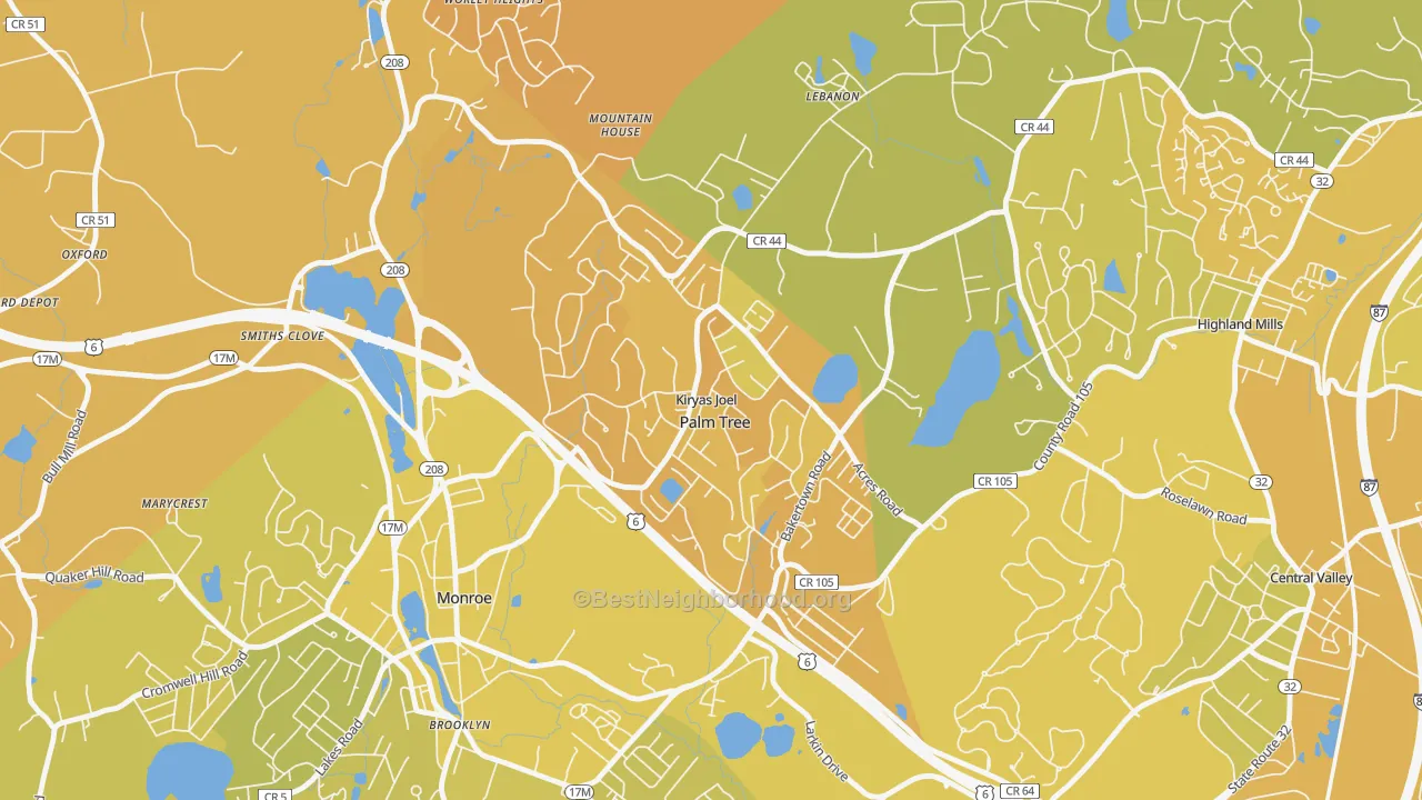 Map of the best neighborhoods in the Kiryas Joel area, with better matches in green and worse matches in red