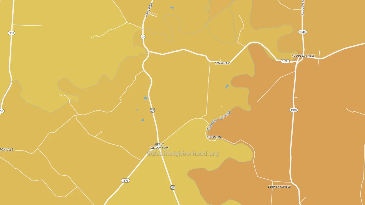 Map of the best neighborhoods in the Kiserton area, with better matches in green and worse matches in red