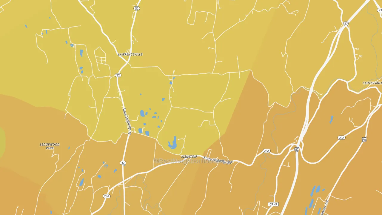 Map of the best neighborhoods in the Kiskatom area, with better matches in green and worse matches in red