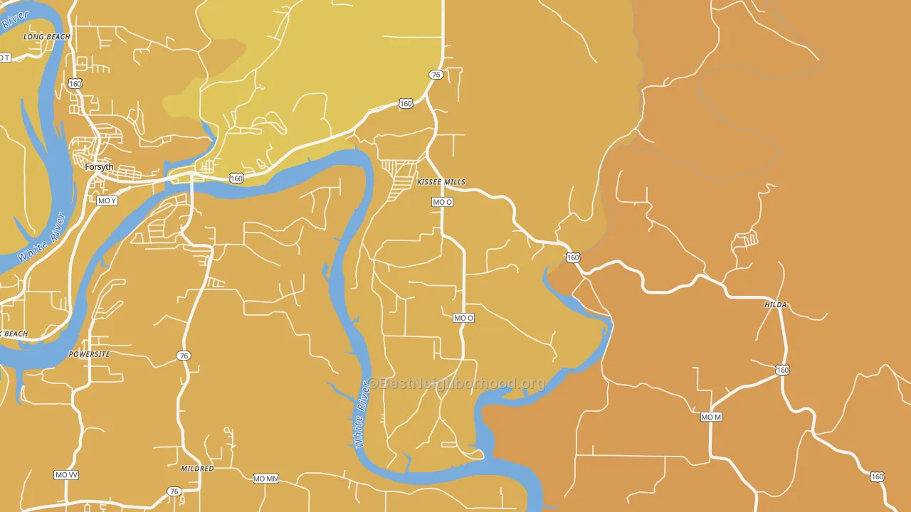 Map of the best neighborhoods in the Kissee Mills area, with better matches in green and worse matches in red