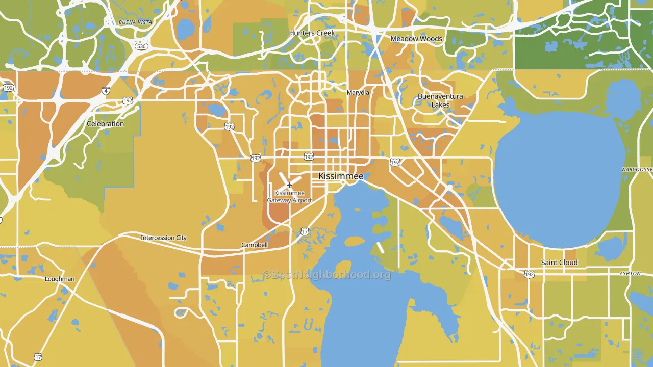 Map of the best neighborhoods in the Kissimmee area, with better matches in green and worse matches in red
