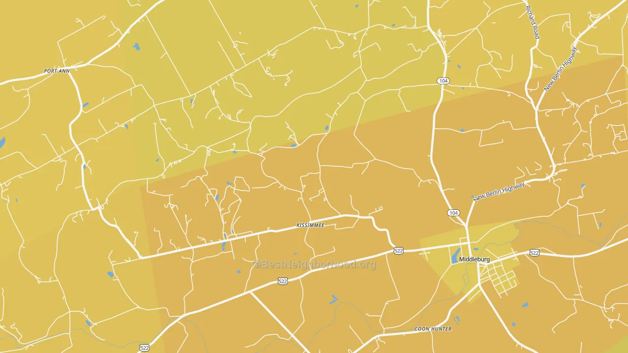 Map of the best neighborhoods in the Kissimmee area, with better matches in green and worse matches in red