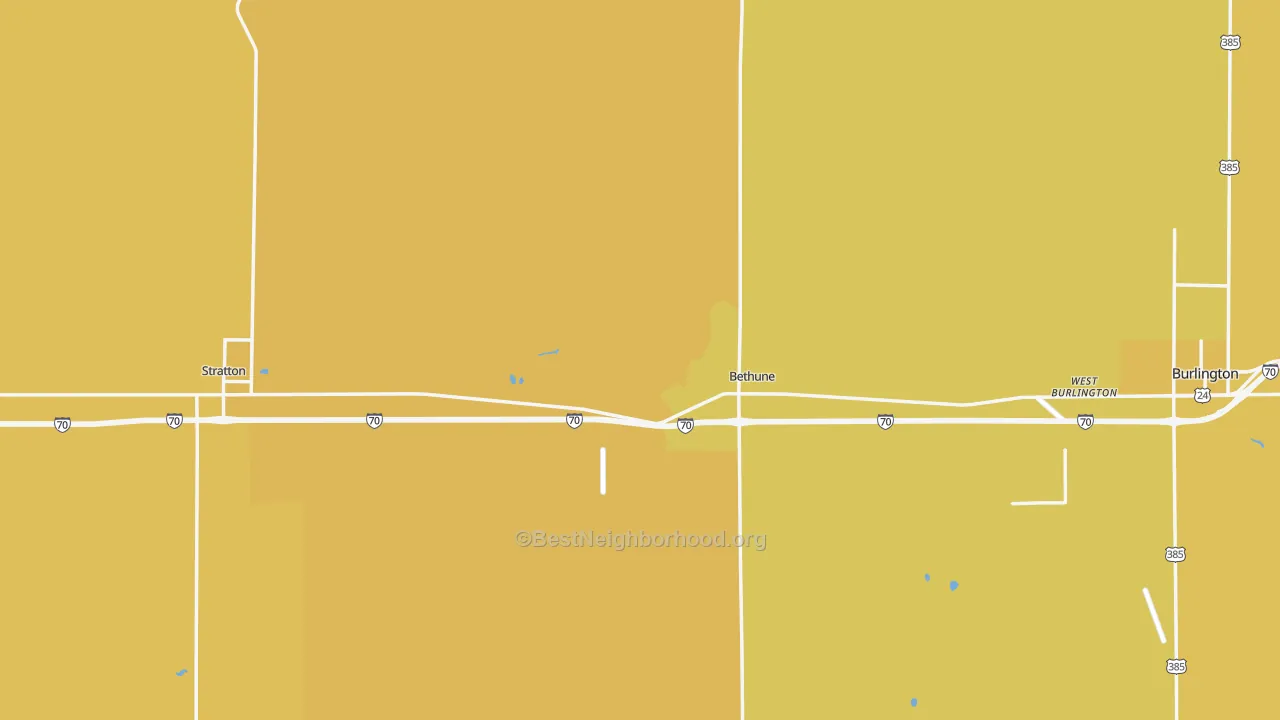Map of the best neighborhoods in the Kit Carson County area, with better matches in green and worse matches in red