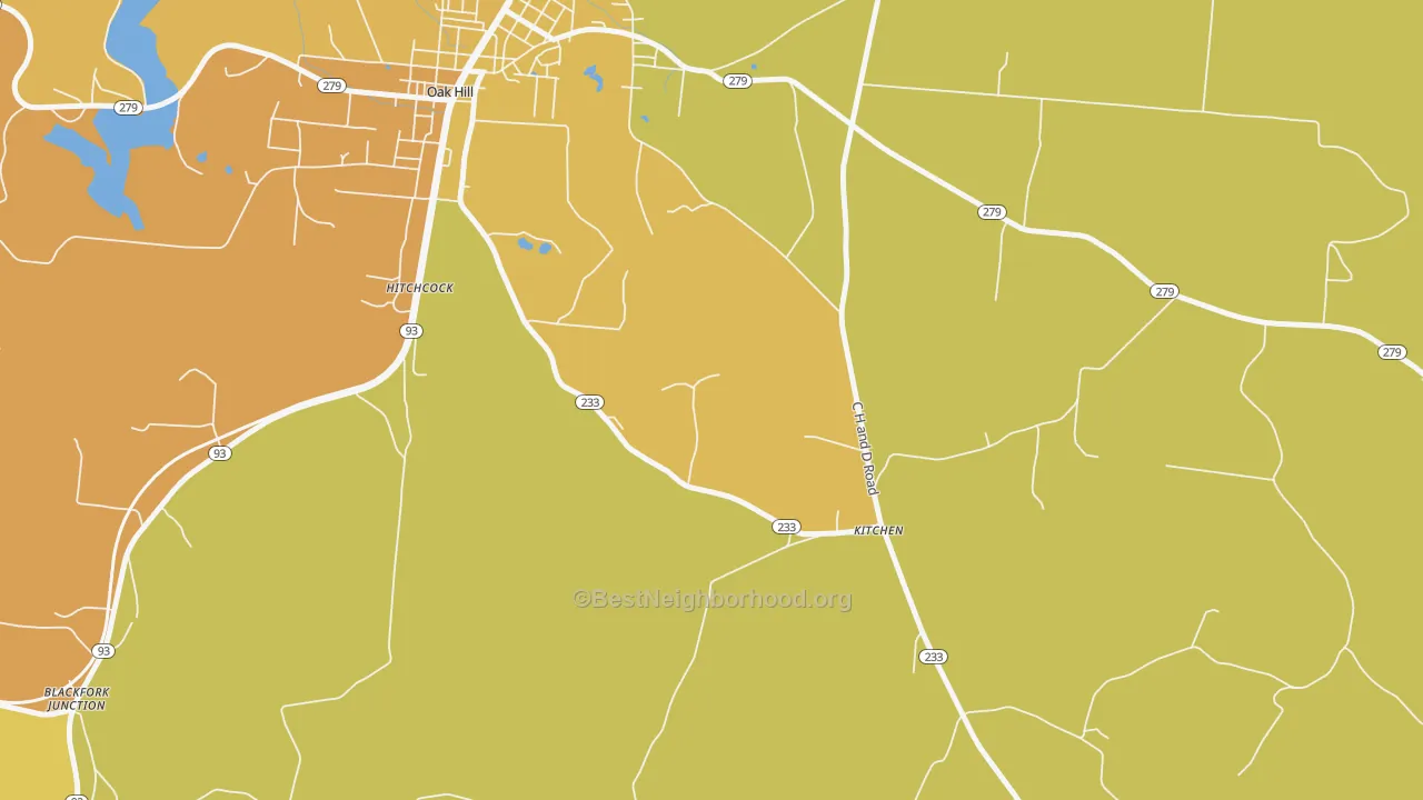 Map of the best neighborhoods in the Kitchen area, with better matches in green and worse matches in red