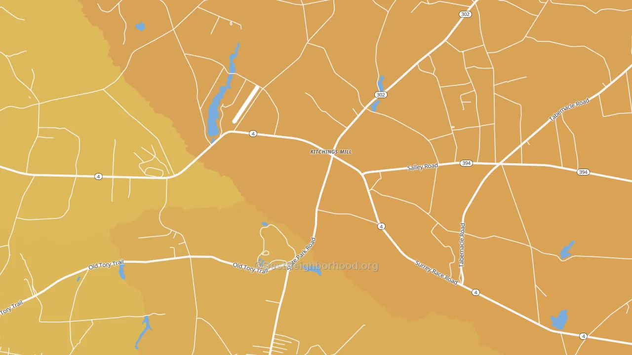 Map of the best neighborhoods in the Kitchings Mill area, with better matches in green and worse matches in red