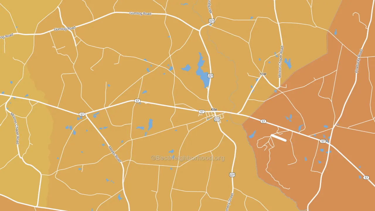 Map of the best neighborhoods in the Kite area, with better matches in green and worse matches in red