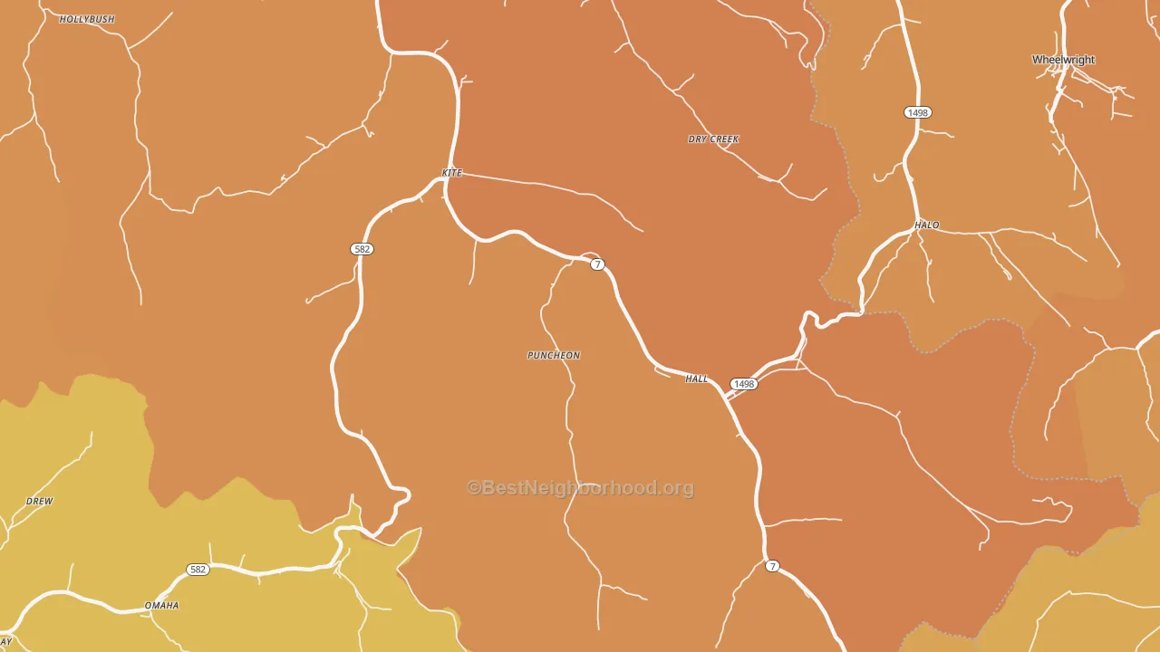 Map of the best neighborhoods in the Kite area, with better matches in green and worse matches in red