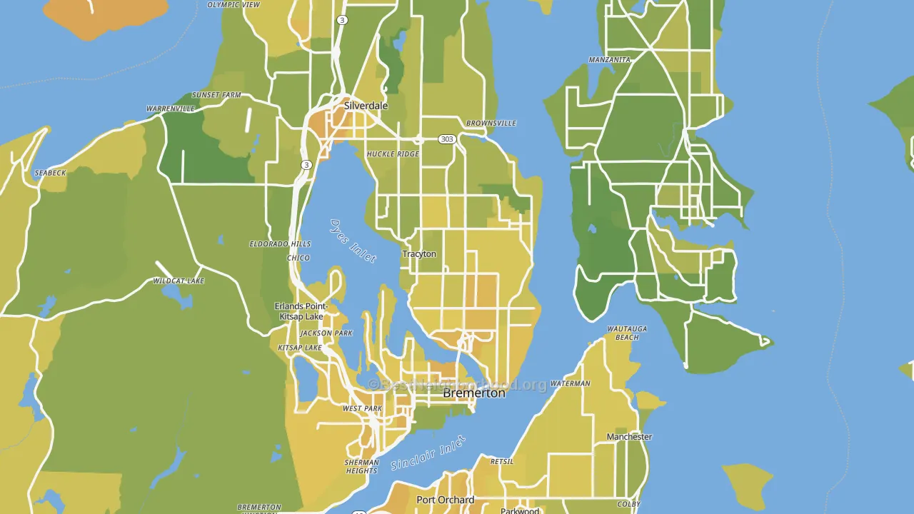 Map of the best neighborhoods in the Kitsap County area, with better matches in green and worse matches in red