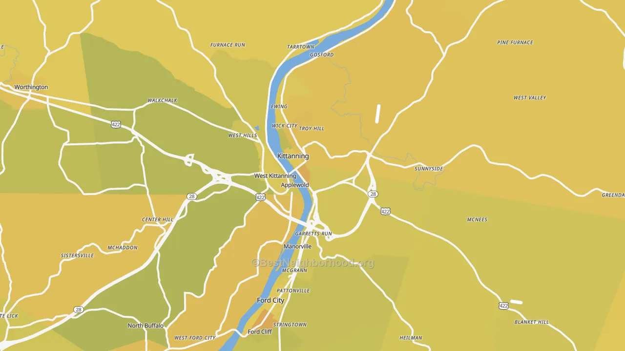 Map of the best neighborhoods in the Kittanning area, with better matches in green and worse matches in red