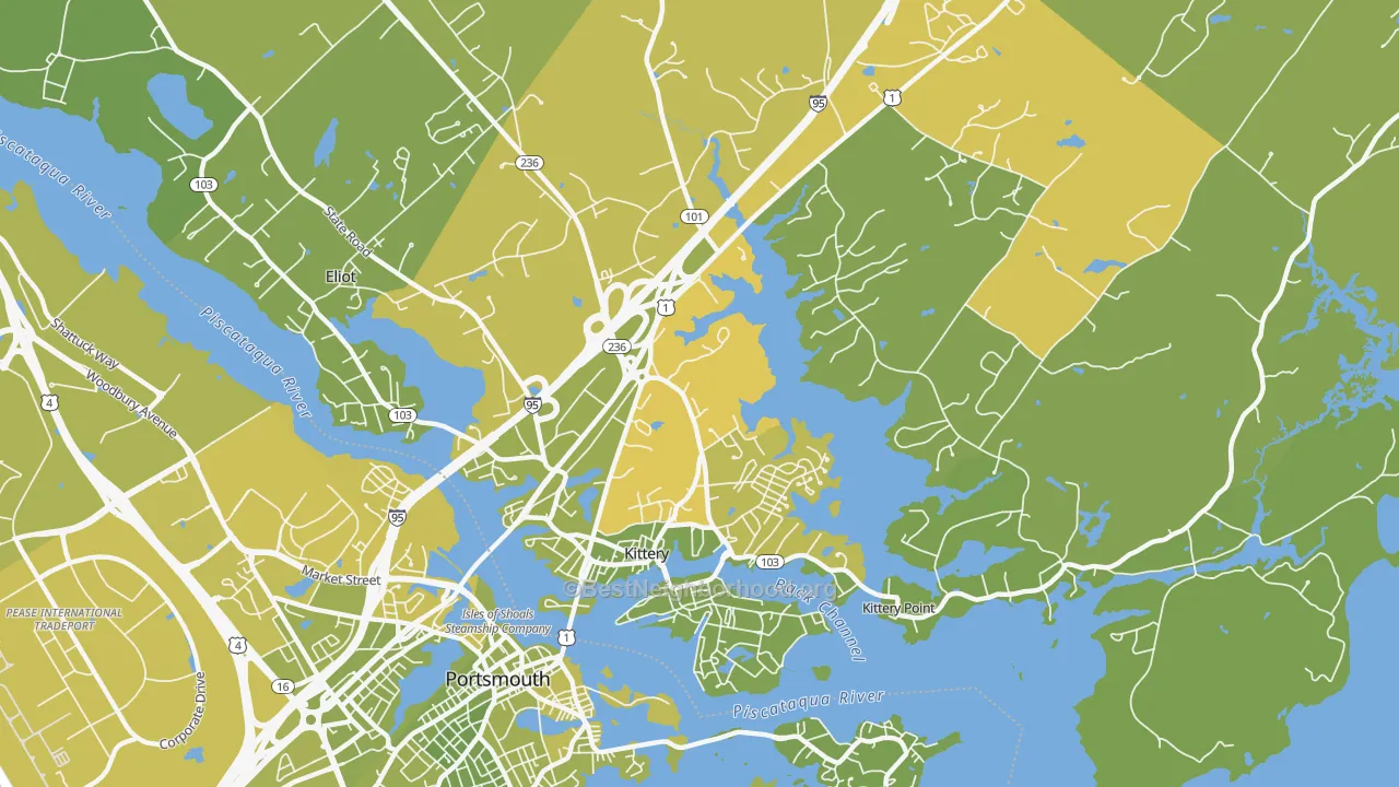 Map of the best neighborhoods in the Kittery area, with better matches in green and worse matches in red