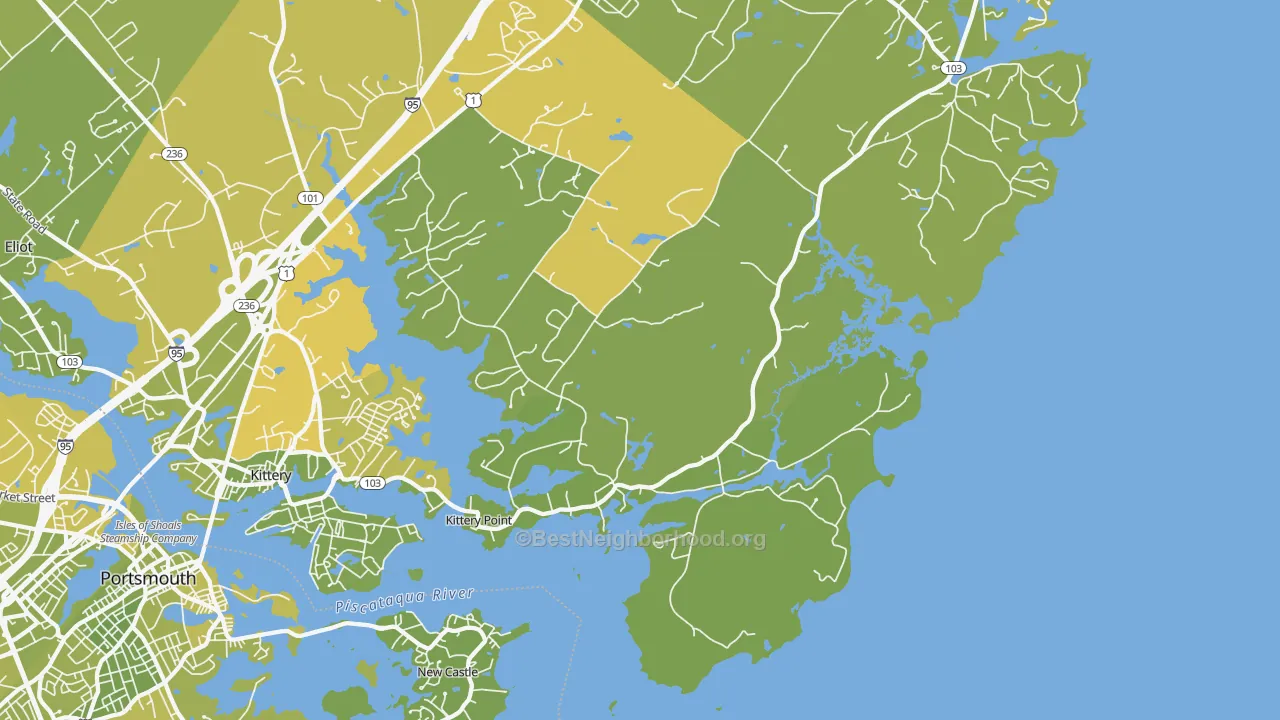 Map of the best neighborhoods in the Kittery Point area, with better matches in green and worse matches in red