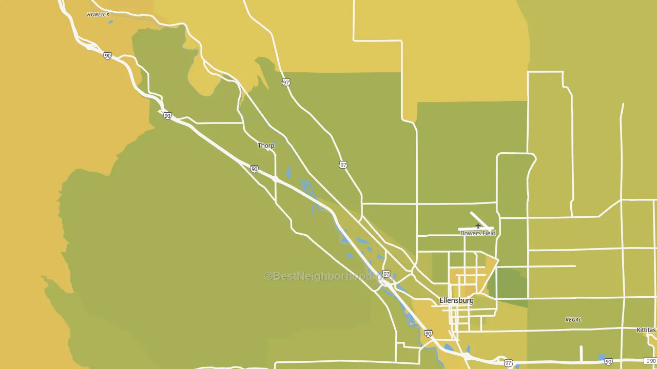 Map of the best neighborhoods in the Kittitas County area, with better matches in green and worse matches in red