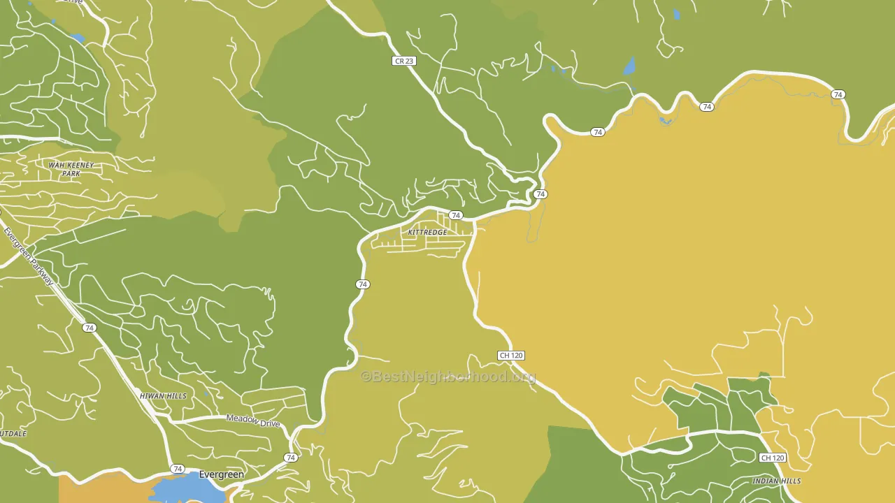 Map of the best neighborhoods in the Kittredge area, with better matches in green and worse matches in red