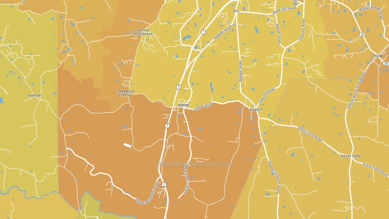 Map of the best neighborhoods in the Kittrell area, with better matches in green and worse matches in red