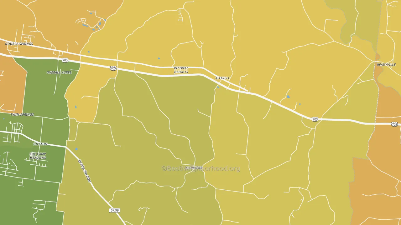 Map of the best neighborhoods in the Kittrell area, with better matches in green and worse matches in red