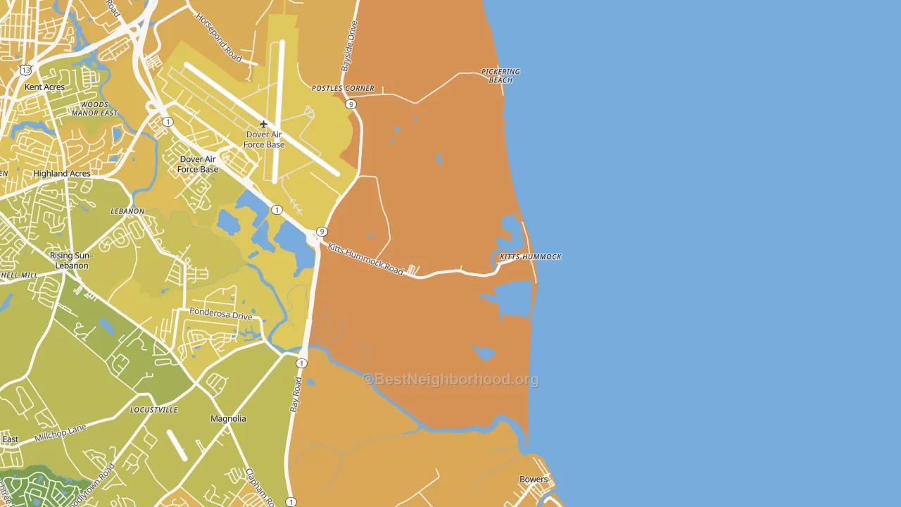 Map of the best neighborhoods in the Kitts Hummock area, with better matches in green and worse matches in red