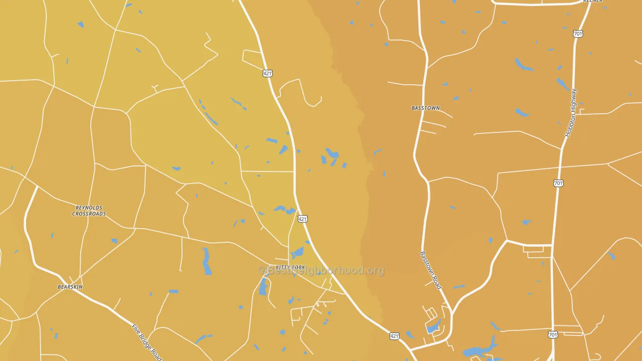 Map of the best neighborhoods in the Kitty Fork area, with better matches in green and worse matches in red