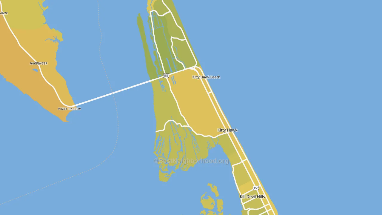 Map of the best neighborhoods in the Kitty Hawk area, with better matches in green and worse matches in red