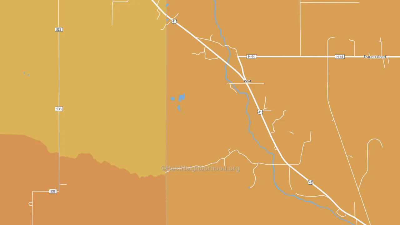 Map of the best neighborhoods in the Kiva area, with better matches in green and worse matches in red