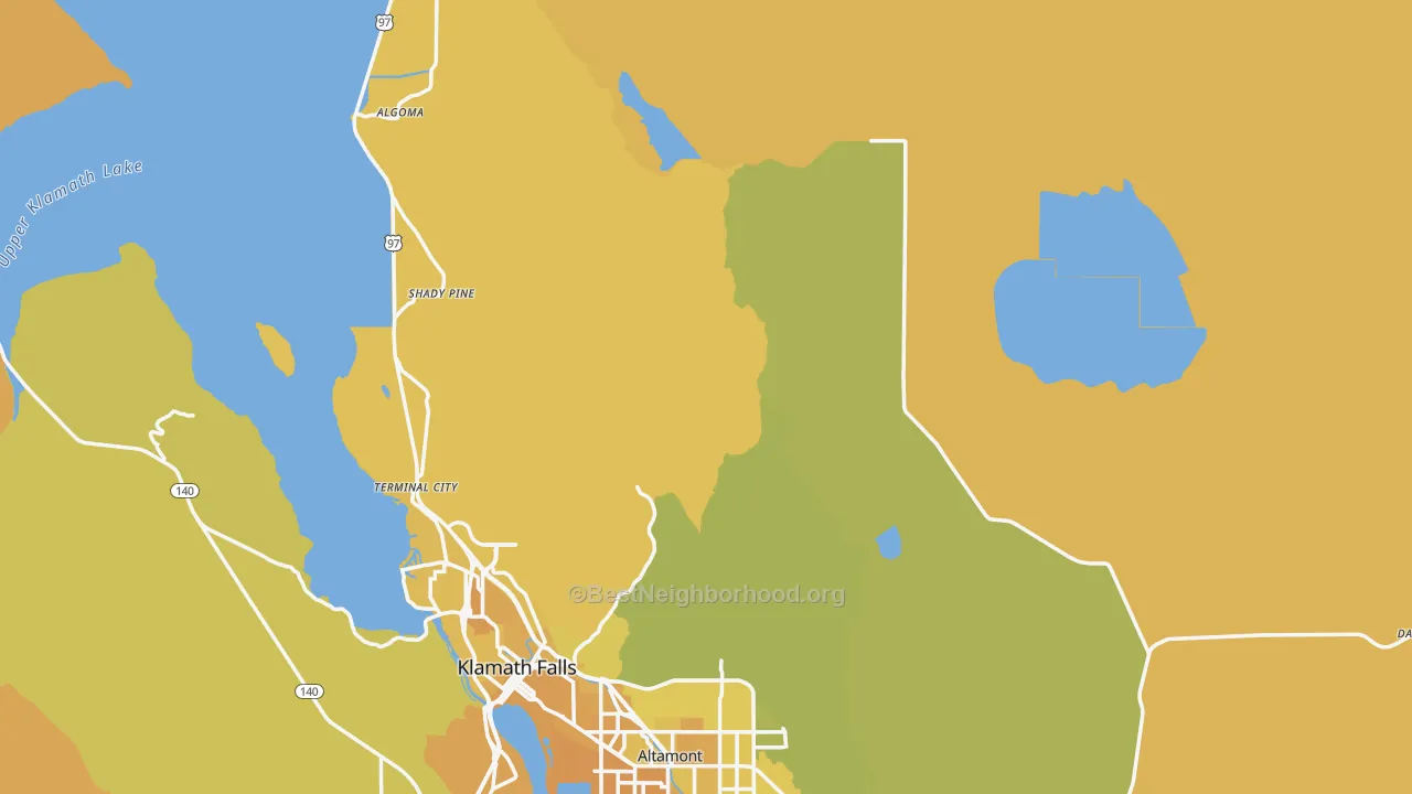 Map of the best neighborhoods in the Klamath County area, with better matches in green and worse matches in red