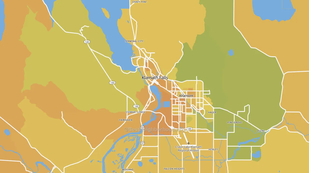 Map of the best neighborhoods in the Klamath Falls area, with better matches in green and worse matches in red
