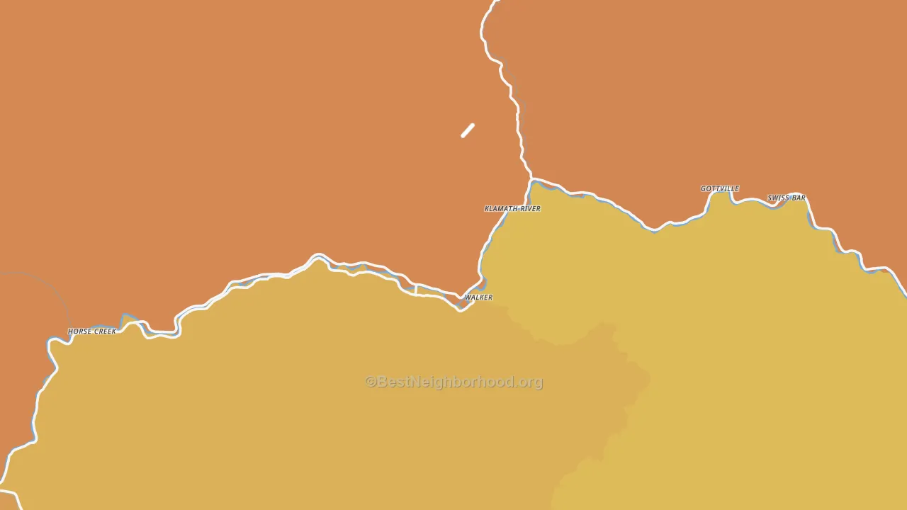 Map of the best neighborhoods in the Klamath River area, with better matches in green and worse matches in red