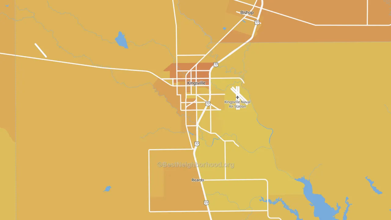 Map of the best neighborhoods in the Kleberg County area, with better matches in green and worse matches in red