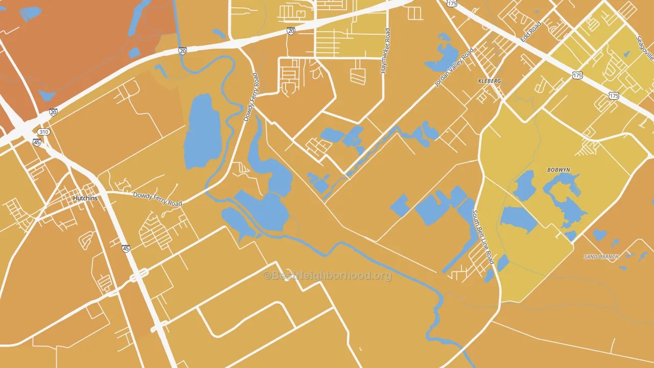 Map of the best neighborhoods in the Kleberg area, with better matches in green and worse matches in red