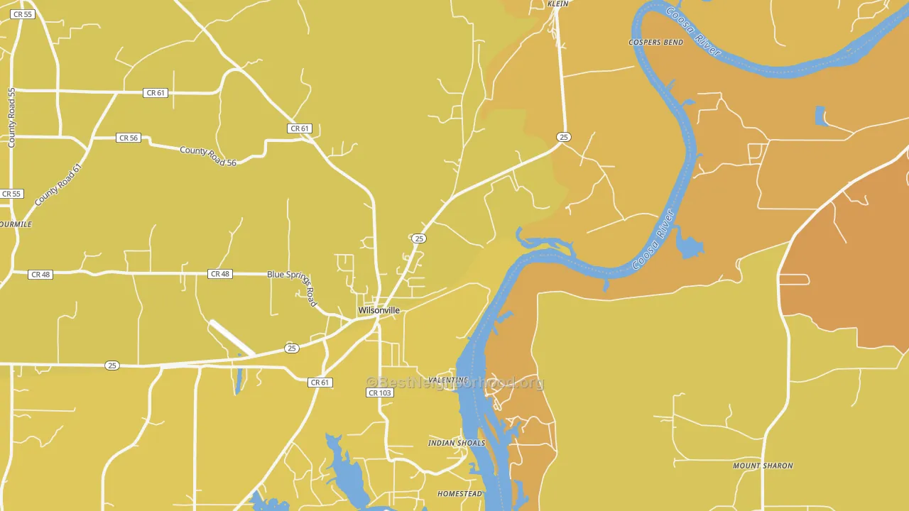 Map of the best neighborhoods in the Klein area, with better matches in green and worse matches in red