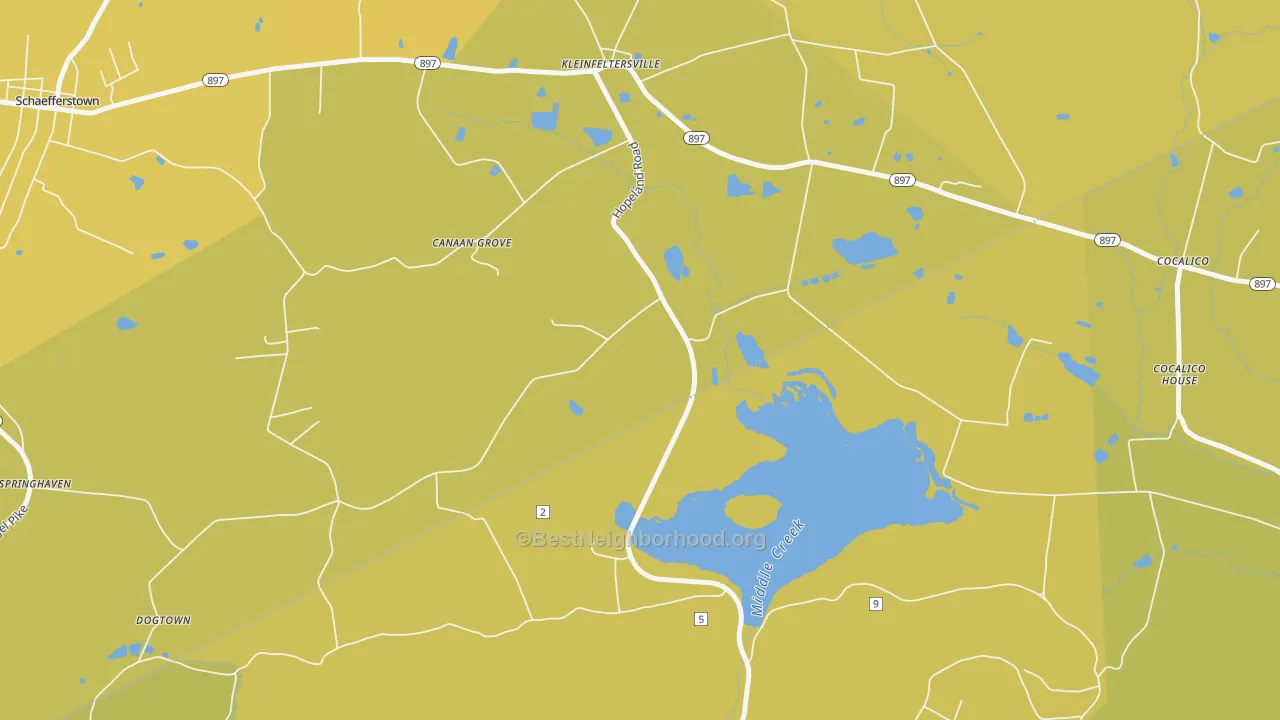 Map of the best neighborhoods in the Kleinfeltersville area, with better matches in green and worse matches in red