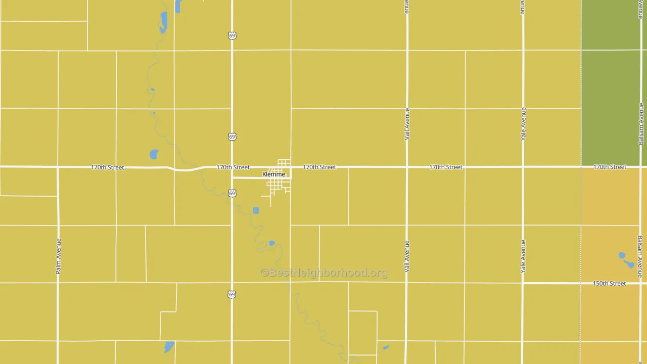 Map of the best neighborhoods in the Klemme area, with better matches in green and worse matches in red