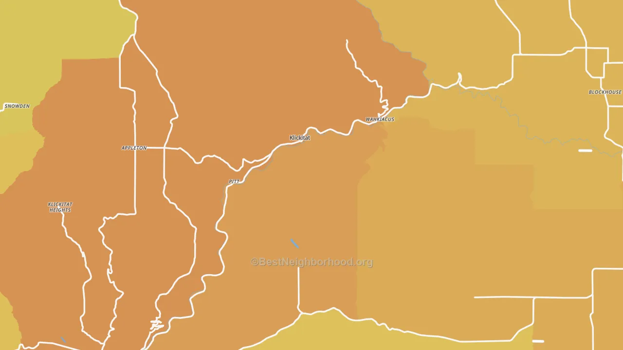 Map of the best neighborhoods in the Klickitat County area, with better matches in green and worse matches in red
