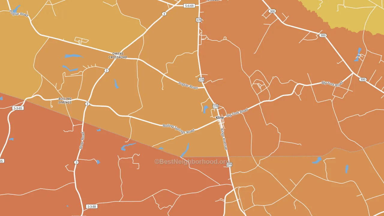 Map of the best neighborhoods in the Kline area, with better matches in green and worse matches in red