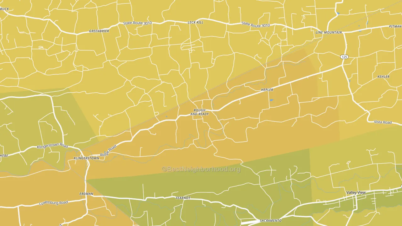 Map of the best neighborhoods in the Klingerstown area, with better matches in green and worse matches in red