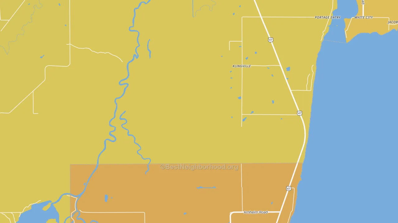 Map of the best neighborhoods in the Klingville area, with better matches in green and worse matches in red