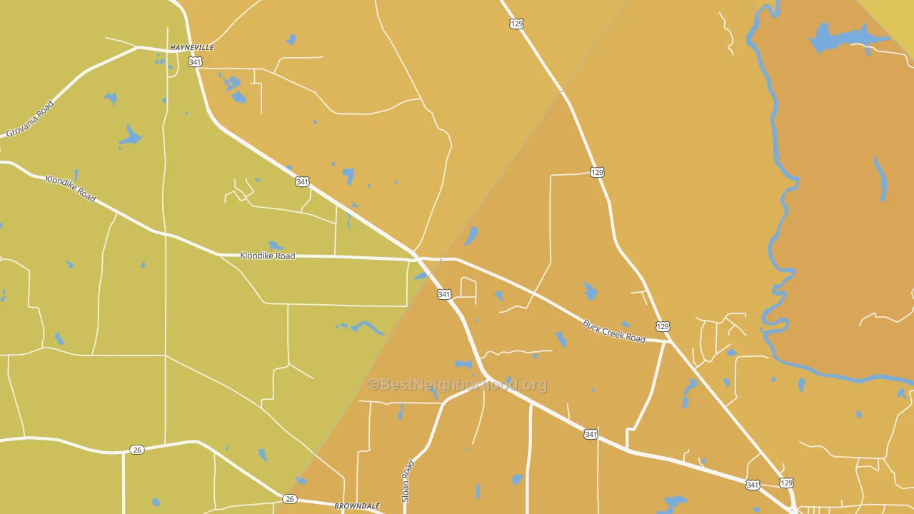 Map of the best neighborhoods in the Klondike area, with better matches in green and worse matches in red