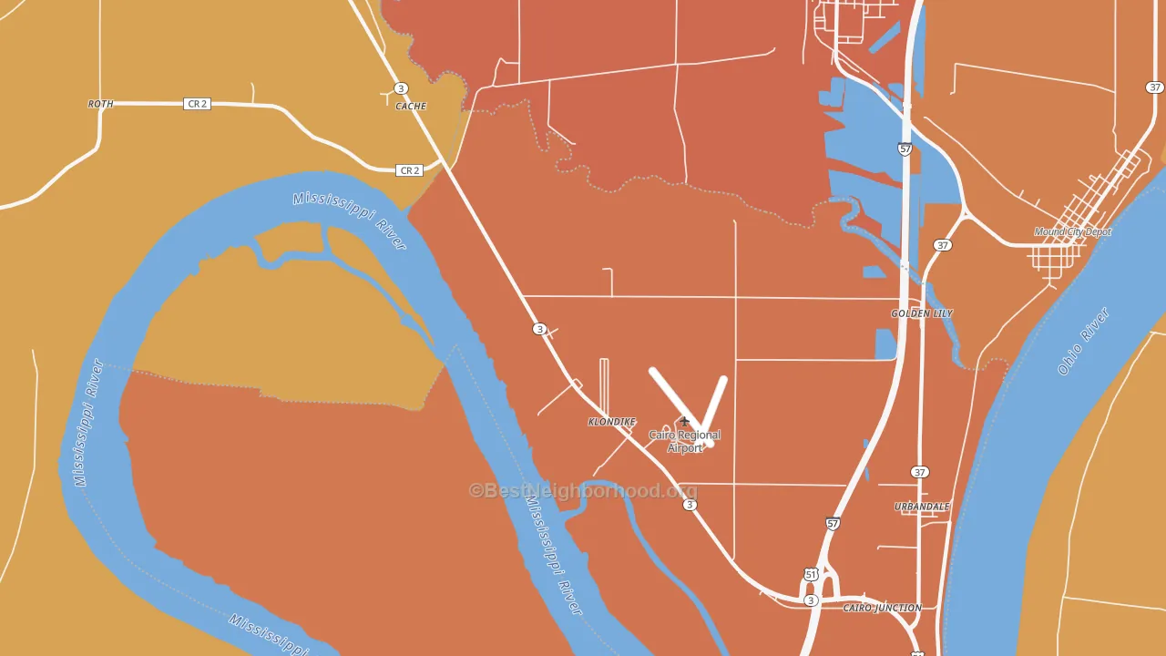 Map of the best neighborhoods in the Klondike area, with better matches in green and worse matches in red