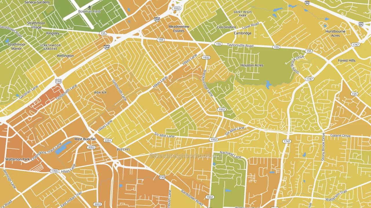 Map of the best neighborhoods in the Klondike, Louisville area, with better matches in green and worse matches in red