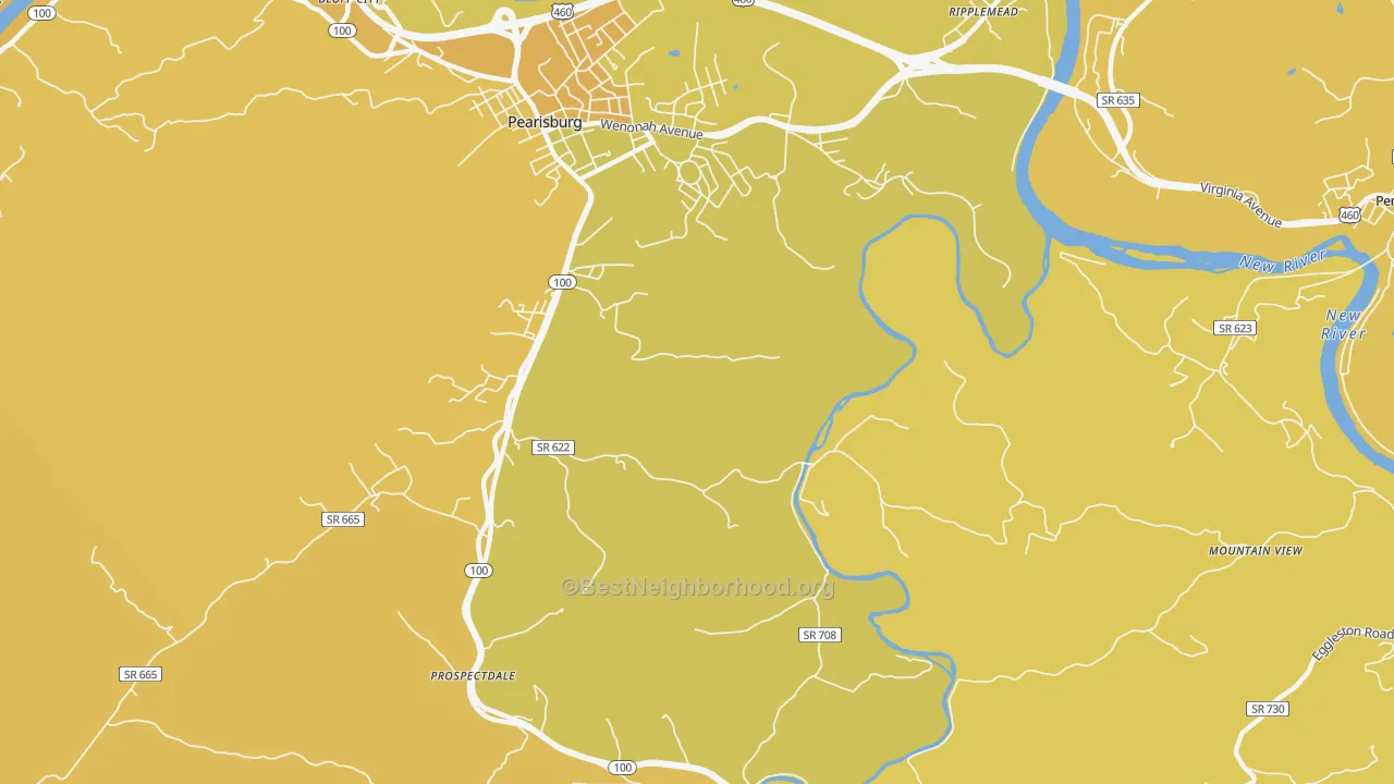 Map of the best neighborhoods in the Klotz area, with better matches in green and worse matches in red
