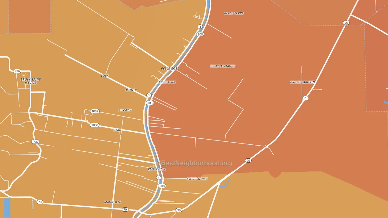 Map of the best neighborhoods in the Klotzville area, with better matches in green and worse matches in red