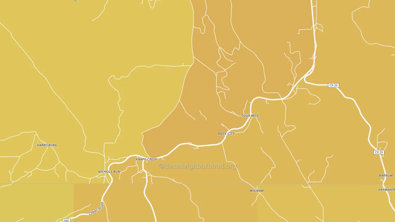 Map of the best neighborhoods in the Knapp Creek area, with better matches in green and worse matches in red
