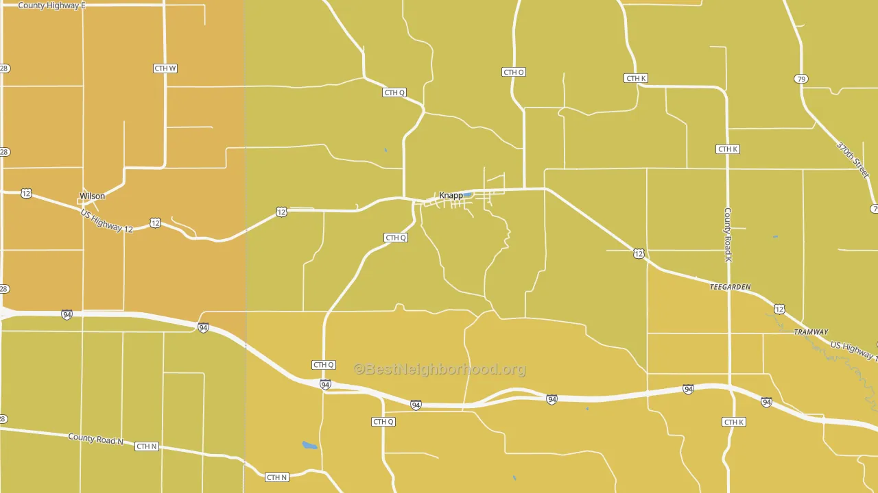 Map of the best neighborhoods in the Knapp area, with better matches in green and worse matches in red