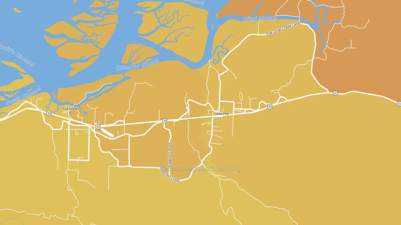 Map of the best neighborhoods in the Knappa area, with better matches in green and worse matches in red
