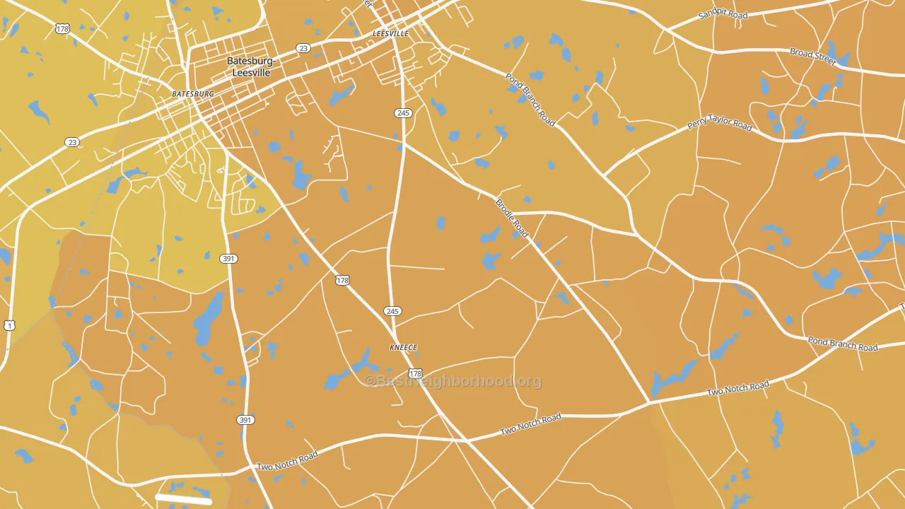 Map of the best neighborhoods in the Kneece area, with better matches in green and worse matches in red