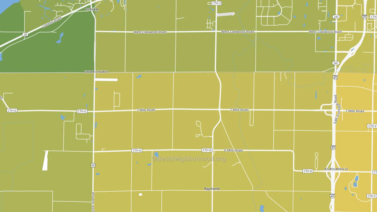 Map of the best neighborhoods in the Kneeland area, with better matches in green and worse matches in red