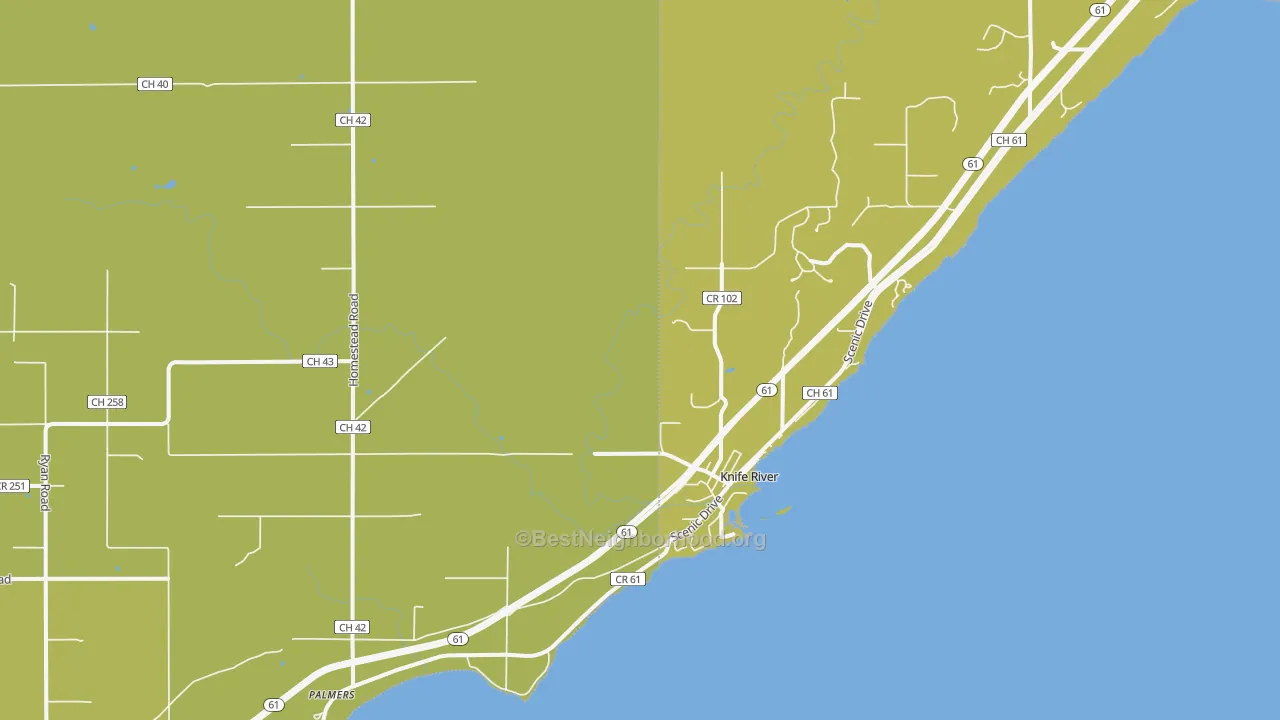 Map of the best neighborhoods in the Knife River area, with better matches in green and worse matches in red