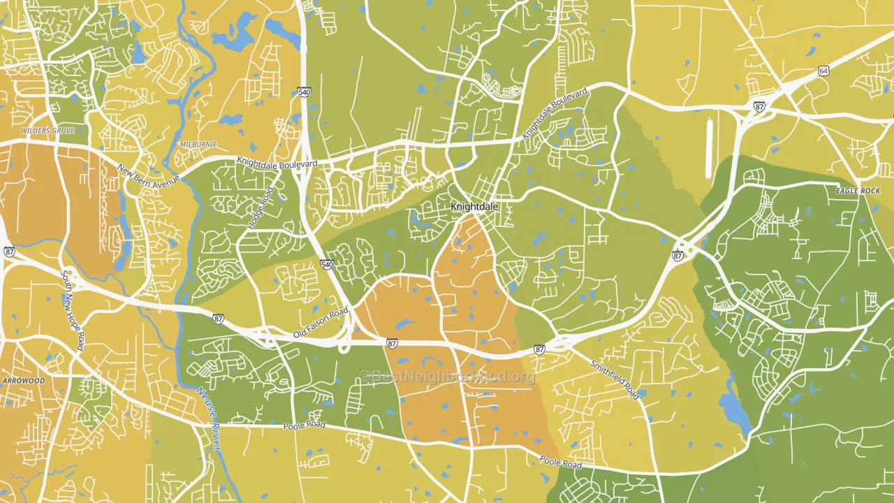 Map of the best neighborhoods in the Knightdale area, with better matches in green and worse matches in red
