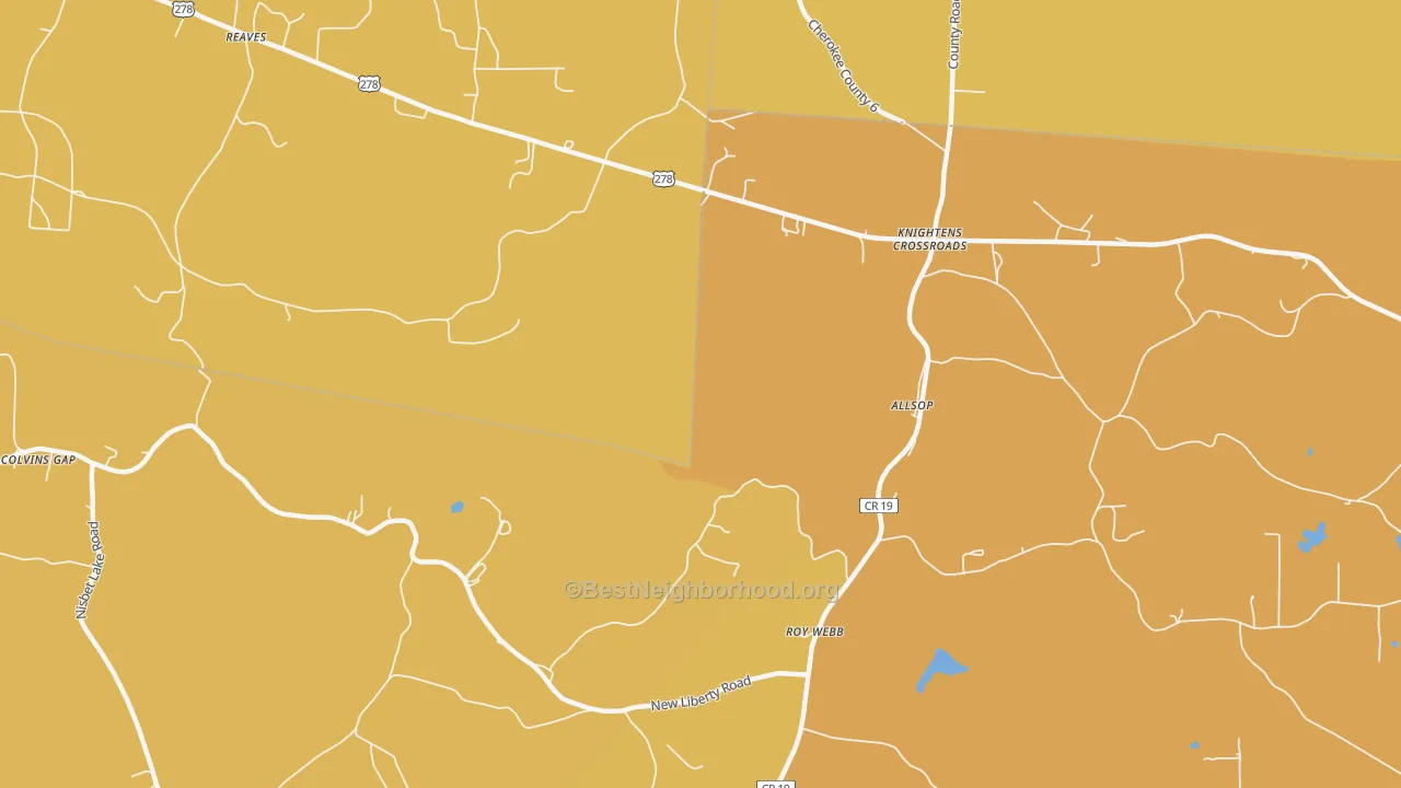 Map of the best neighborhoods in the Knightens Crossroads area, with better matches in green and worse matches in red